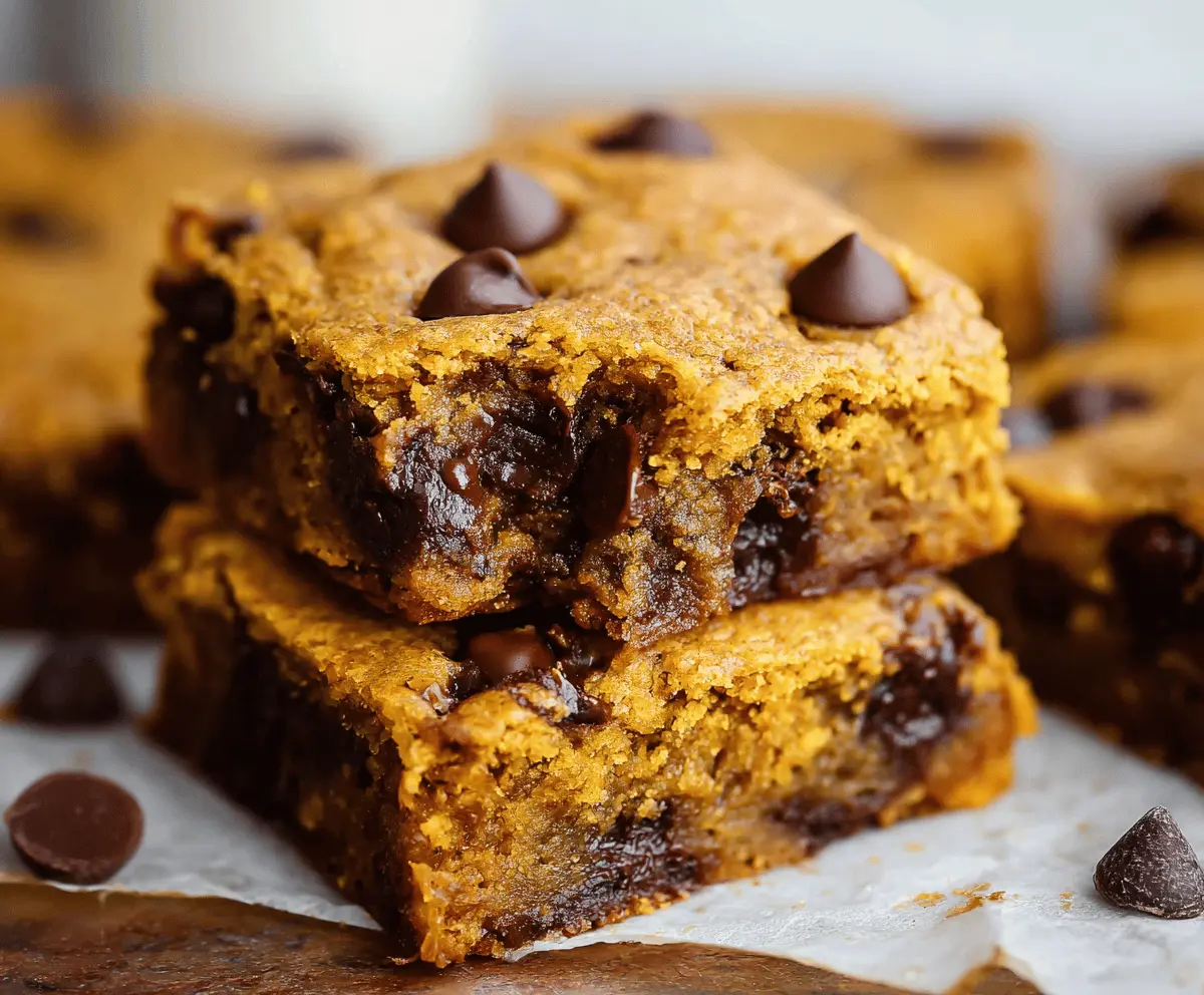 Delicious homemade pumpkin chocolate chip bars with a golden crust topped with melted chocolate chips, perfect for fall desserts and snack cravings.