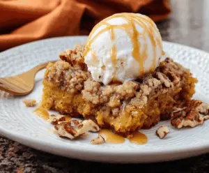 Delicious homemade pumpkin dump cake with cinnamon and whipped cream topping, perfect for fall desserts.