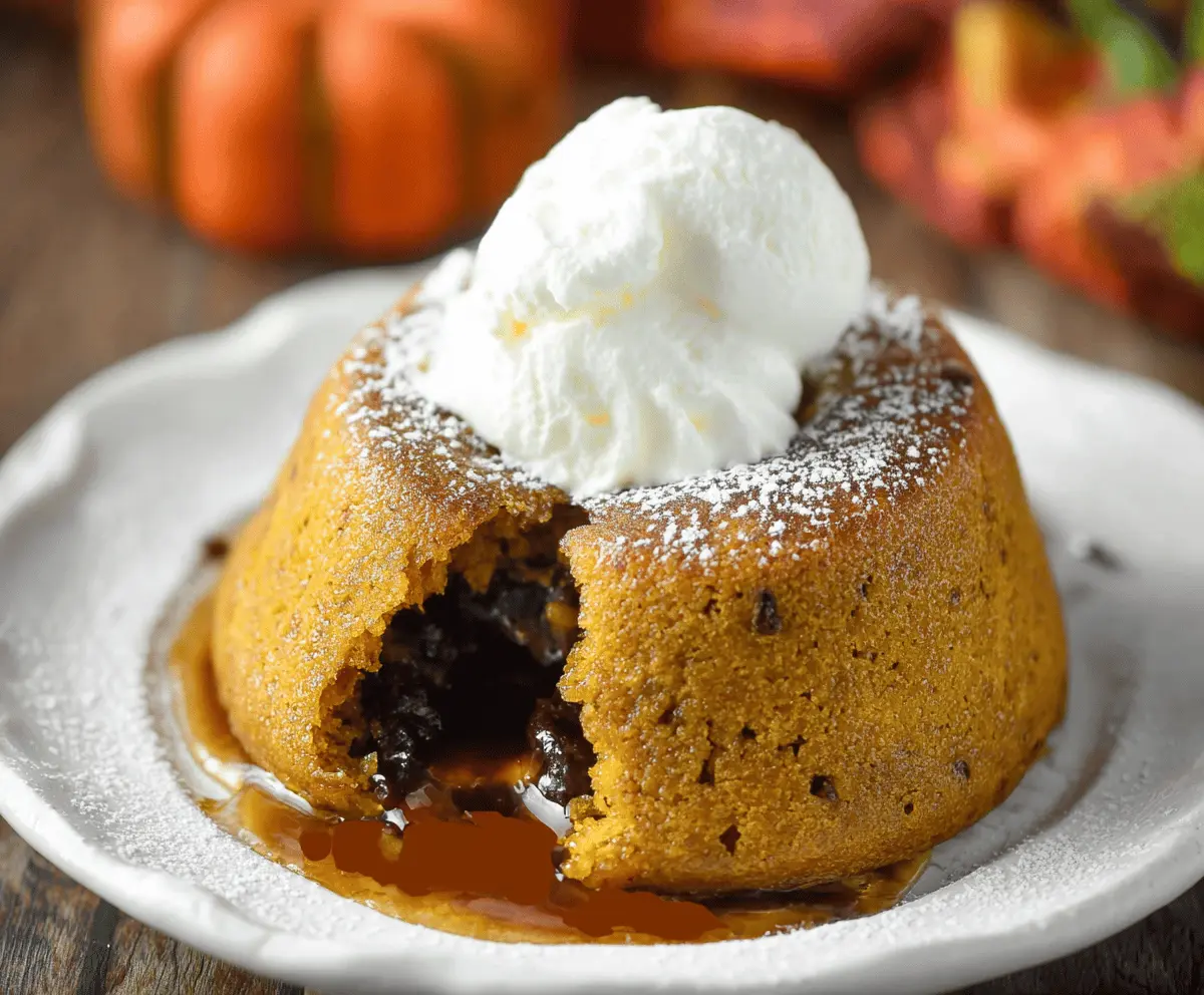 Delicious Pumpkin Lava Cake with flowing molten pumpkin center topped with whipped cream and caramel drizzle, perfect for fall desserts