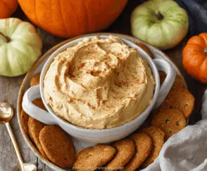 Creamy pumpkin mousse dip topped with whipped cream and cinnamon, perfect for fall-themed parties and snacks.