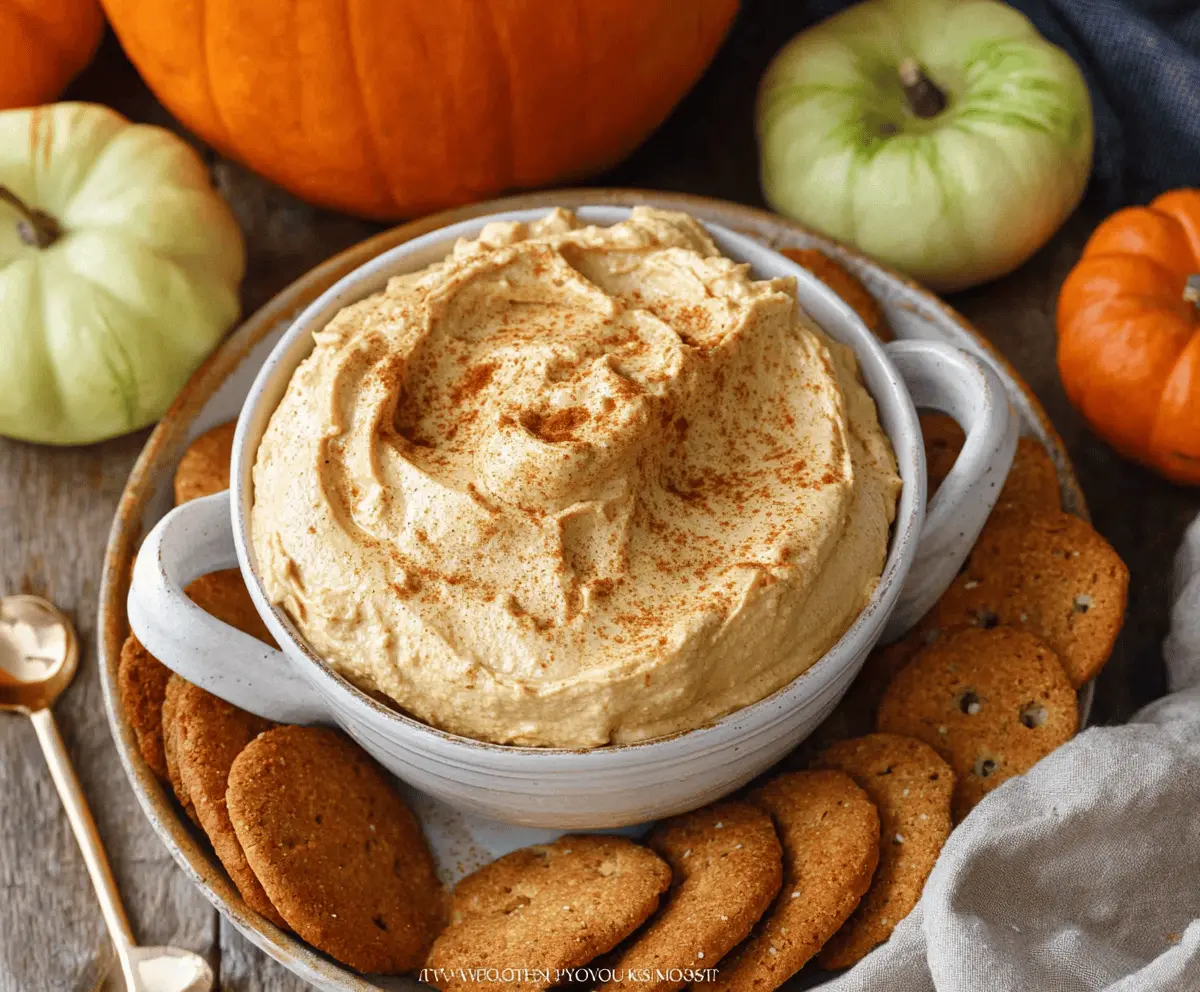 Creamy pumpkin mousse dip topped with whipped cream and cinnamon, perfect for fall-themed parties and snacks.