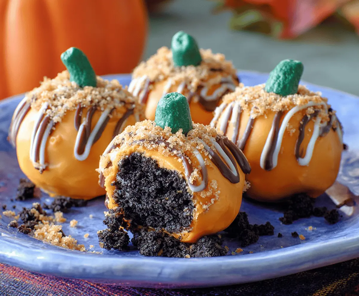 Delicious Pumpkin Oreo Truffles coated in chocolate with a festive fall decoration on top, perfect for autumn treats.