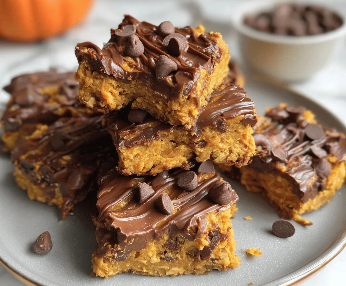 Delicious homemade Pumpkin Peanut Butter Bars topped with chocolate and walnuts, ready to enjoy as a seasonal dessert or snack.