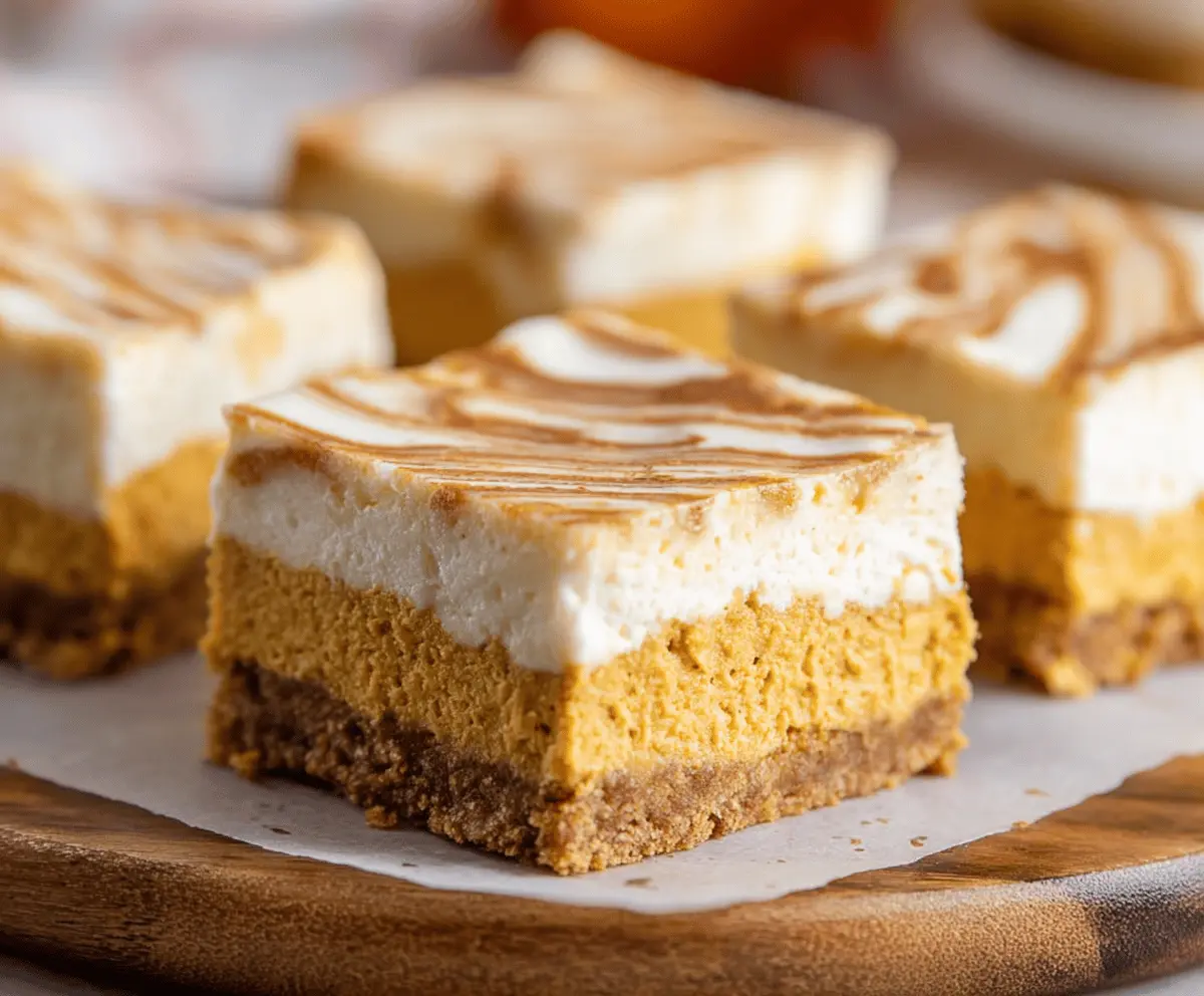 Creamy Pumpkin Pie Cheesecake Bars topped with whipped cream and a cinnamon graham cracker crust, perfect for fall desserts.
