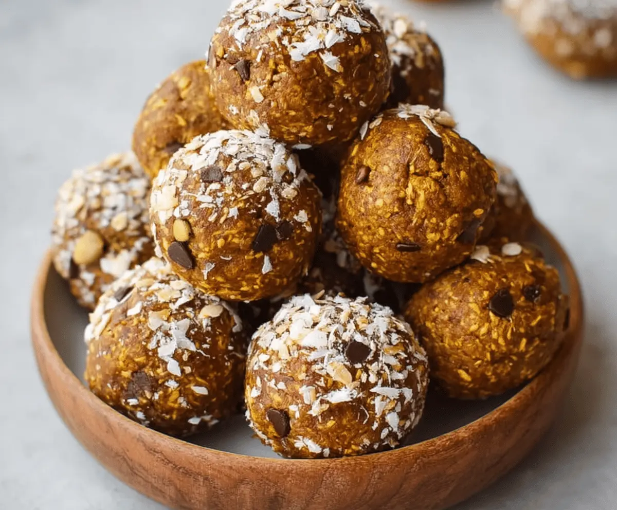 Delicious homemade Pumpkin Pie Protein Balls on a white plate, featuring a festive autumn flavor with pumpkin, cinnamon, and protein powder for a healthy snack.