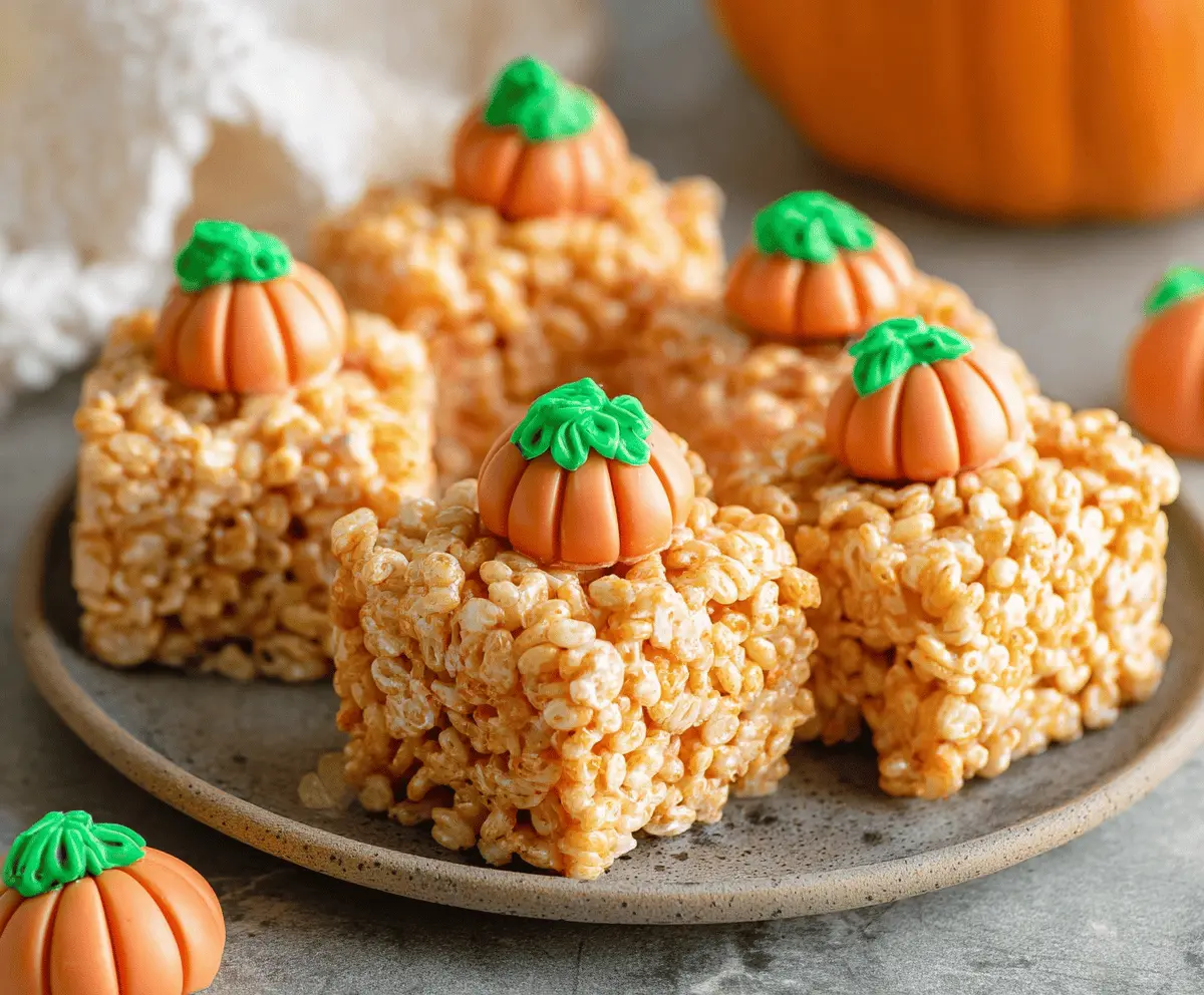 Delicious homemade pumpkin Rice Krispie Treats garnished with autumn spices, perfect for fall desserts and holiday celebrations