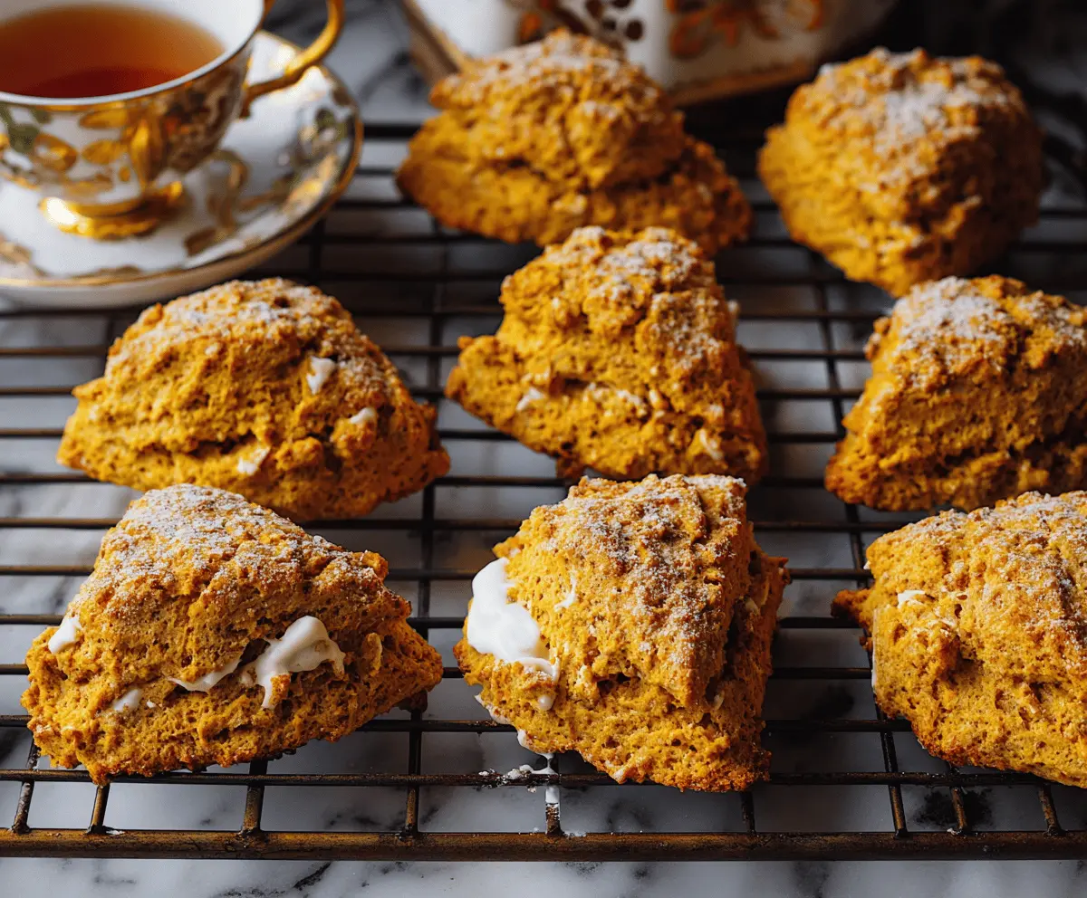Freshly baked pumpkin scones garnished with a sprinkle of cinnamon and a drizzle of icing on a rustic wooden board, perfect for fall breakfast or brunch.