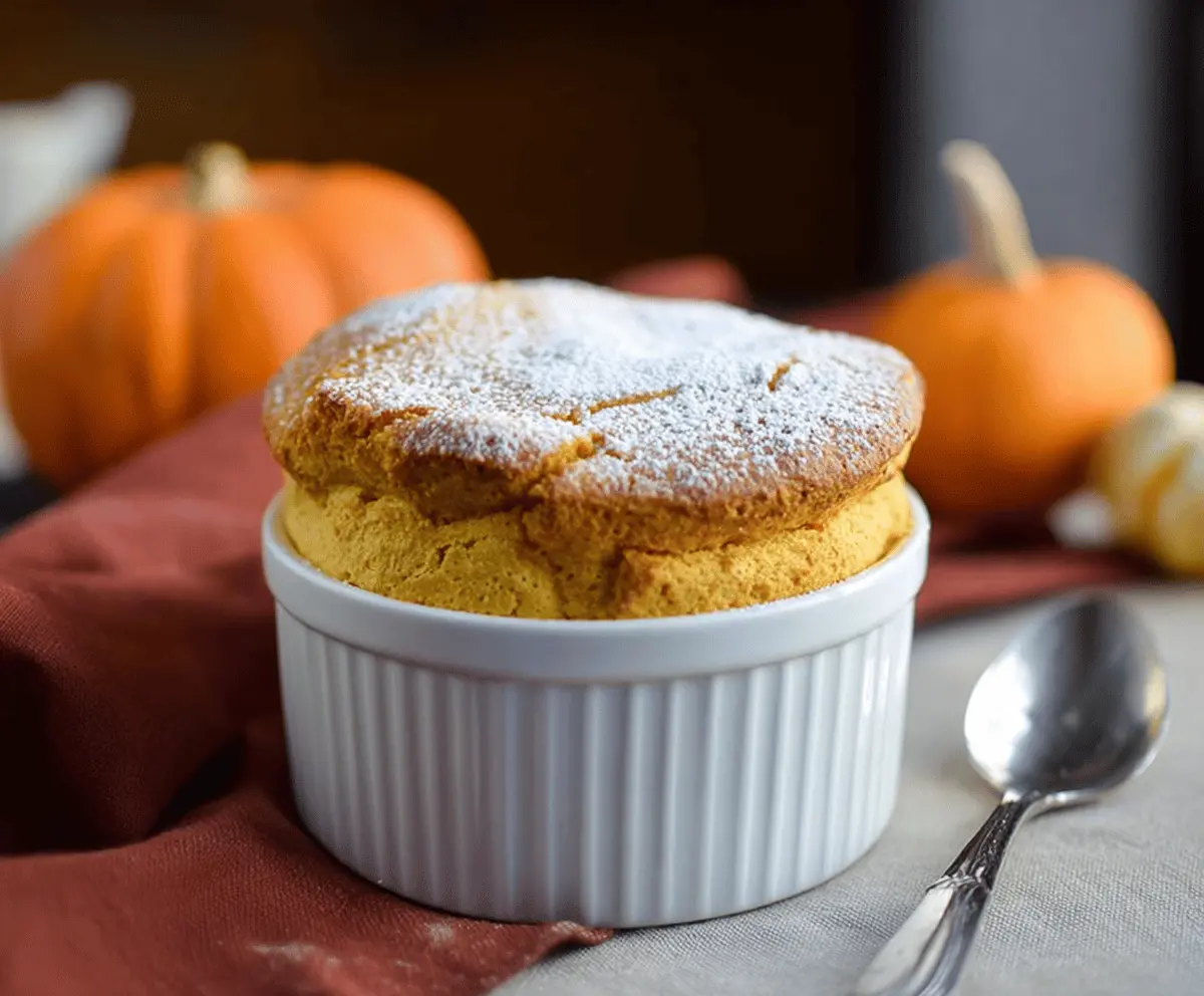 Delicious homemade pumpkin soufflé topped with whipped cream and a sprinkle of cinnamon, served in a elegant ramekin for a perfect fall dessert.