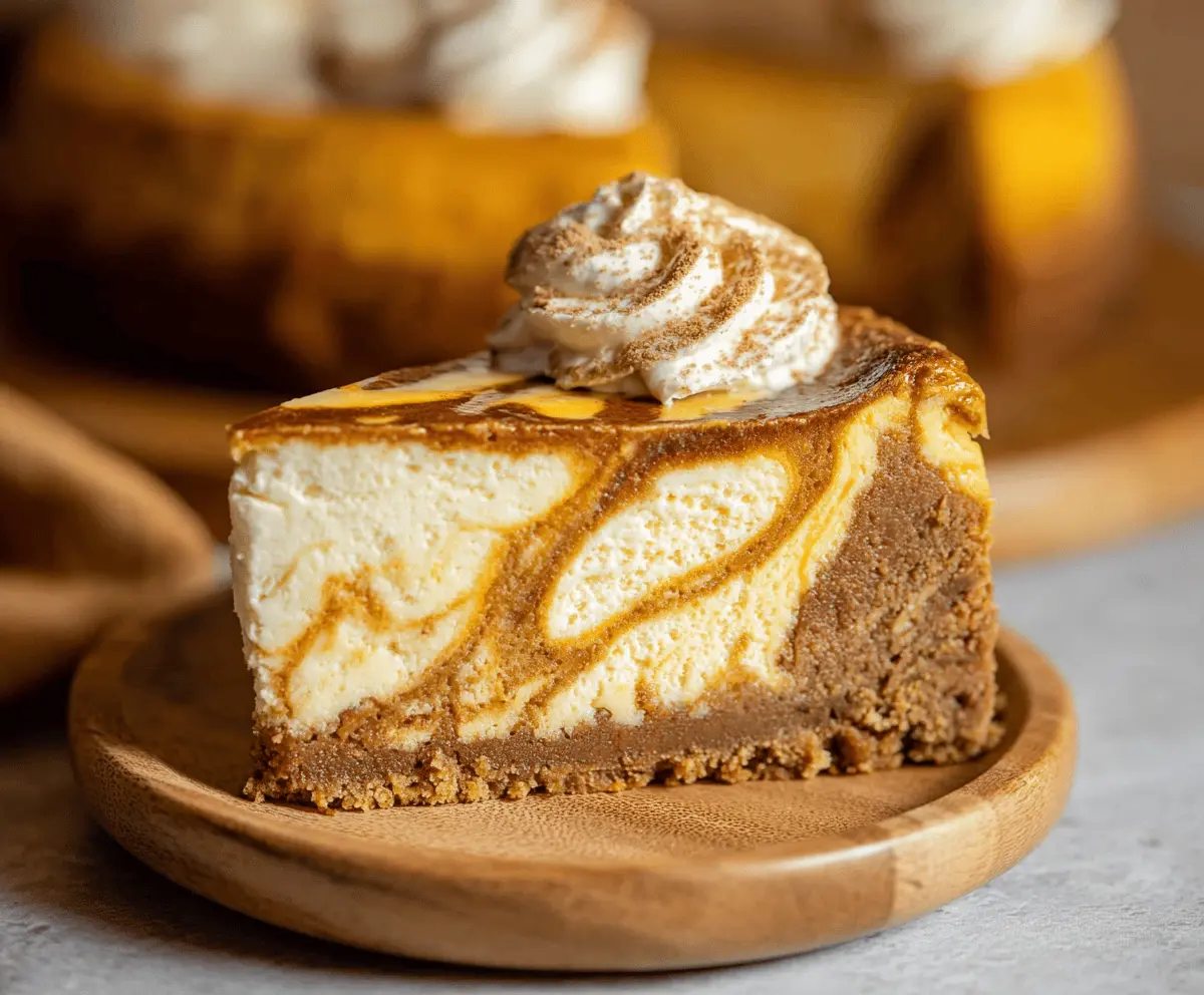 Delicious pumpkin swirl cheesecake topped with whipped cream and cinnamon, perfect for fall desserts