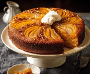 Delicious Pumpkin Upside Down Cake topped with caramelized pumpkin slices and whipped cream, perfect for fall desserts