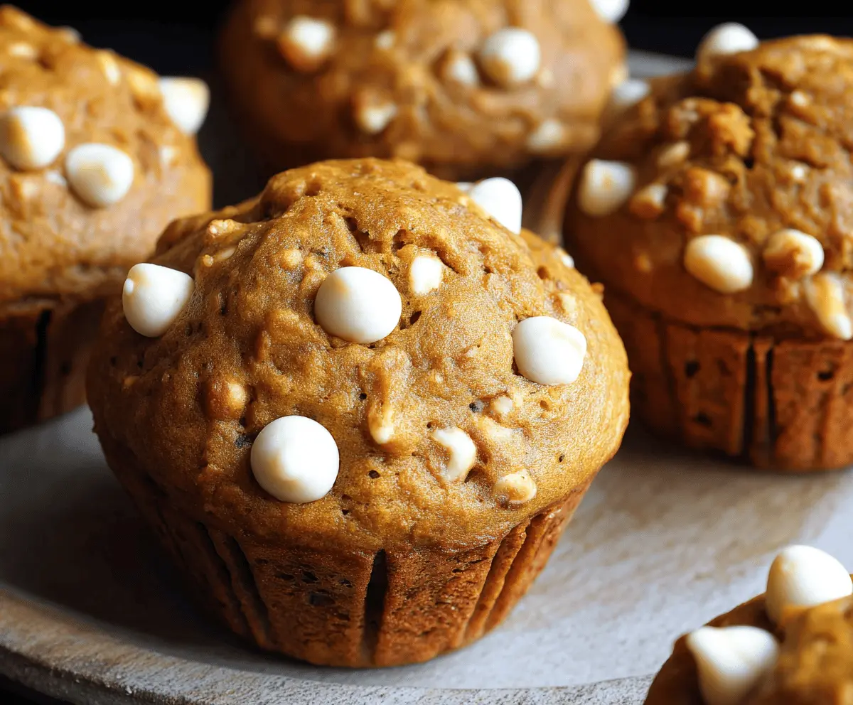 Delicious pumpkin white chocolate chip muffins topped with a sprinkle of white chocolate chips, perfect for fall baking.