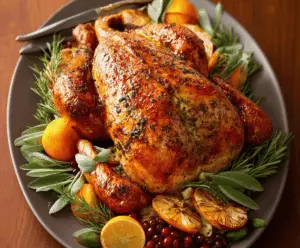 Delicious roasted turkey with golden-brown skin, perfect for a festive holiday meal.