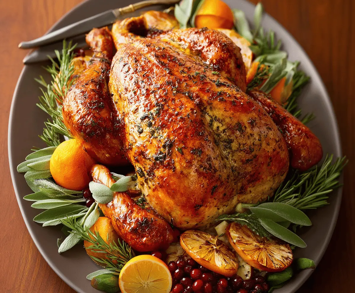 Delicious roasted turkey with golden-brown skin, perfect for a festive holiday meal.