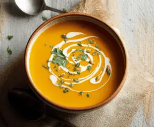 Creamy roasted butternut squash soup garnished with fresh herbs in a rustic bowl, perfect for a cozy fall meal.