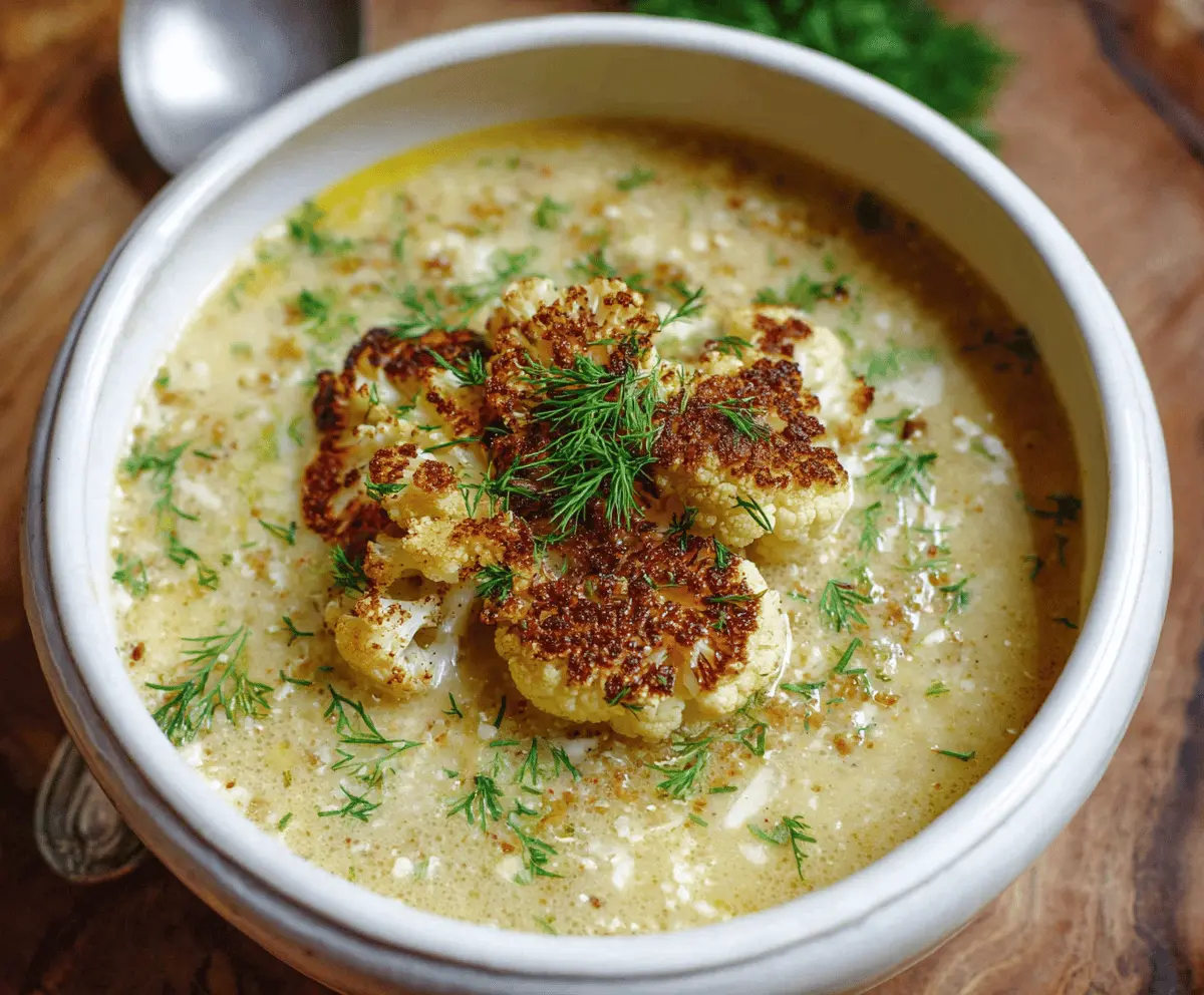 Creamy roasted cauliflower soup served in a bowl, garnished with herbs and drizzled with olive oil, perfect for a warm, comforting meal.