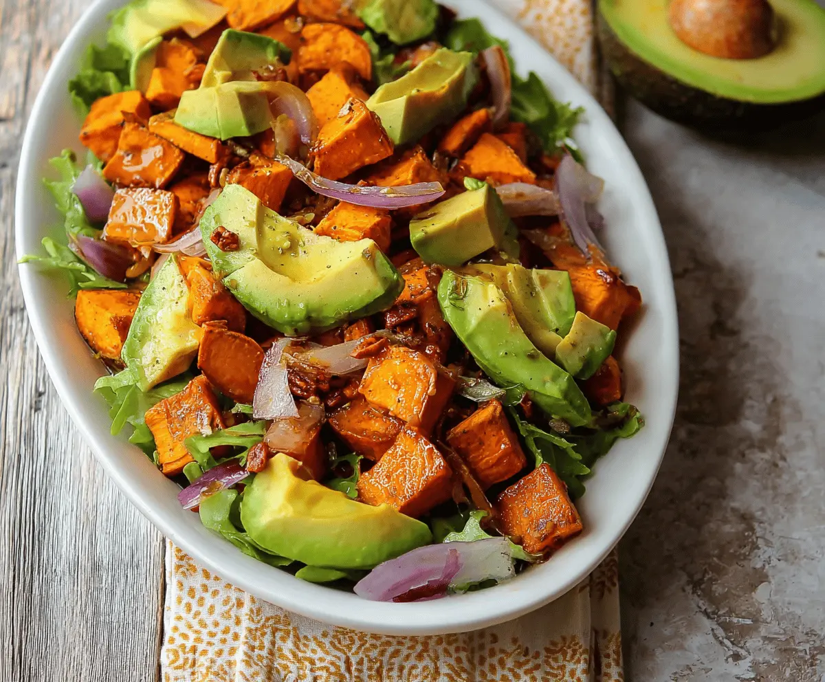 Colorful roasted sweet potato and creamy avocado salad topped with fresh herbs, perfect for a healthy and flavorful meal.