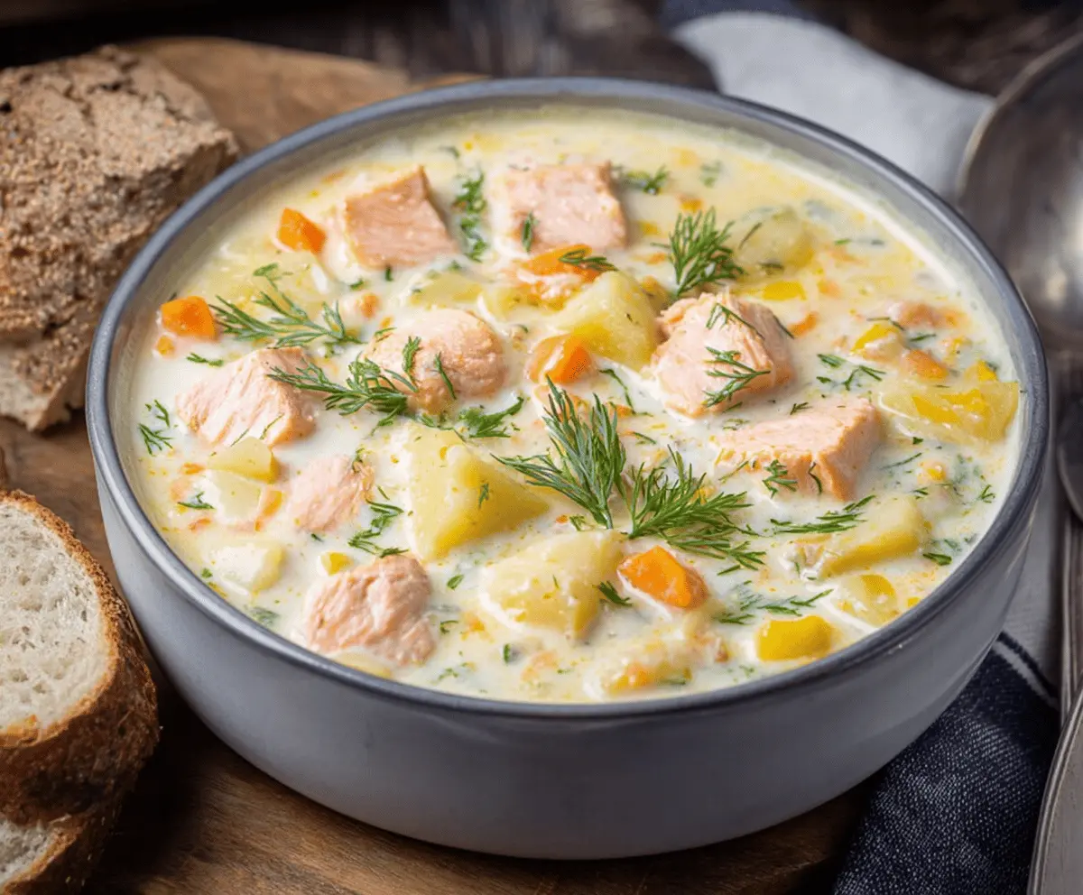 Creamy salmon chowder soup with chunks of salmon, potatoes, and fresh herbs served in a bowl