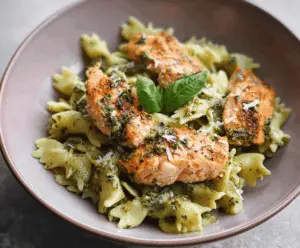 Delicious salmon pesto pasta garnished with fresh basil and cherry tomatoes, served on a white plate.