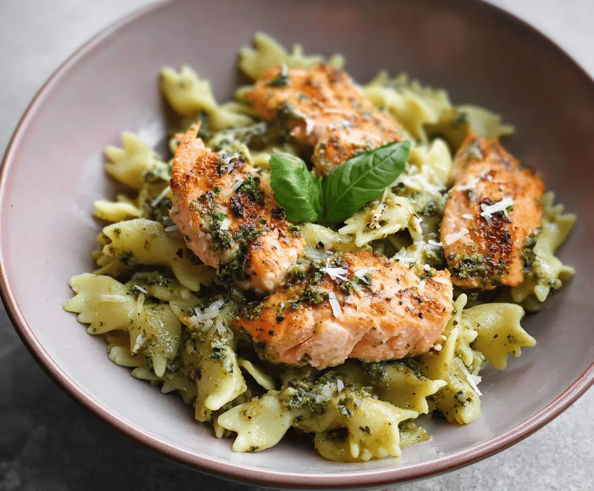 Delicious salmon pesto pasta garnished with fresh basil and cherry tomatoes, served on a white plate.
