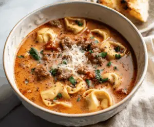 A steaming bowl of sausage tortellini soup garnished with fresh herbs, featuring tender tortellini, savory sausage, and colorful vegetables in a flavorful broth.