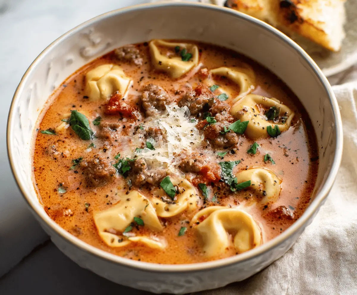 A steaming bowl of sausage tortellini soup garnished with fresh herbs, featuring tender tortellini, savory sausage, and colorful vegetables in a flavorful broth.