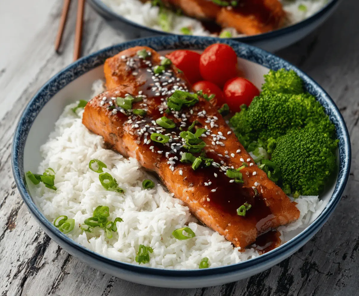 Delicious glazed teriyaki salmon fillet topped with sesame seeds and fresh herbs on a plate, perfect for a savory and healthy meal.