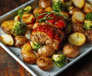 Delicious sheet pan meatloaf with roasted potatoes and vegetables ready to serve