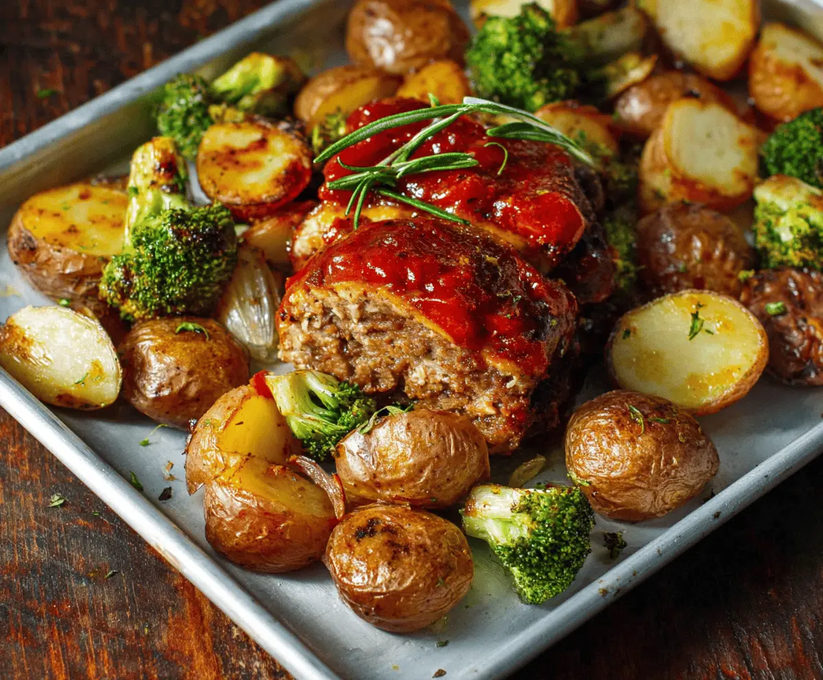Delicious sheet pan meatloaf with roasted potatoes and vegetables ready to serve