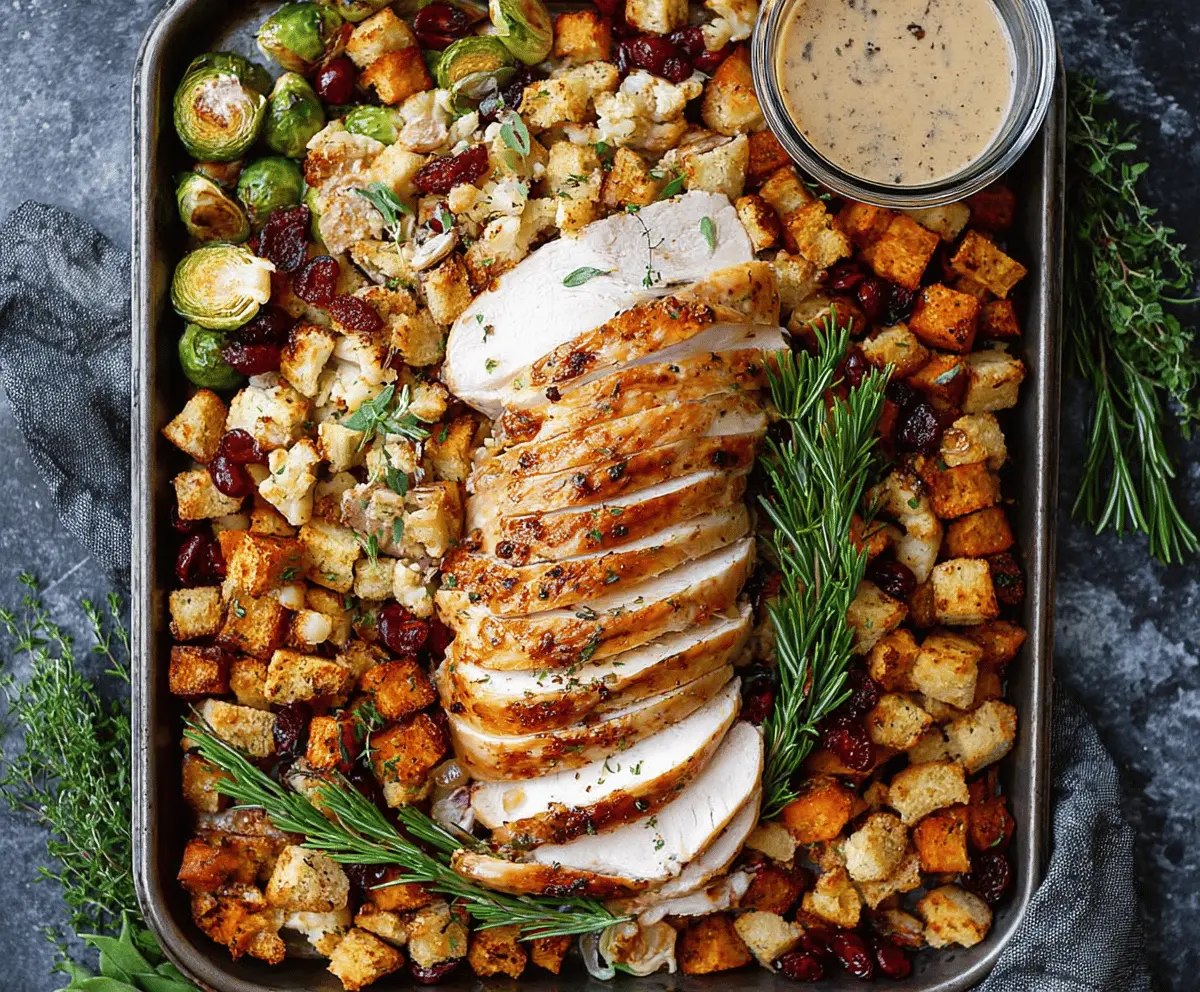 Delicious sheet pan turkey dinner with roasted vegetables and gravy ready to serve.