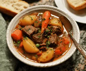 Hearty slow cooker beef stew with tender beef chunks, carrots, potatoes, and vegetables in a savory broth