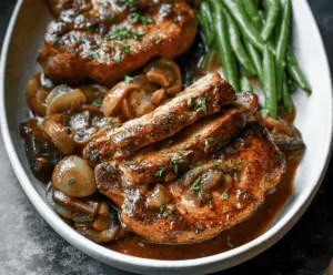 Juicy slow cooker pork chops served with savory sauce and fresh herbs, perfect for a comforting dinner.