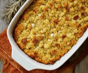 Delicious homemade Southern cornbread dressing with fresh herbs and savory ingredients, perfect for holiday meals