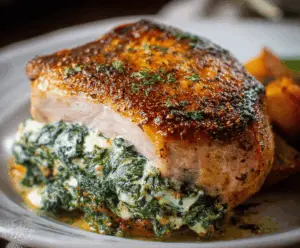Juicy pork chops stuffed with fresh spinach and melted cheese, served on a plate with a side of vegetables.