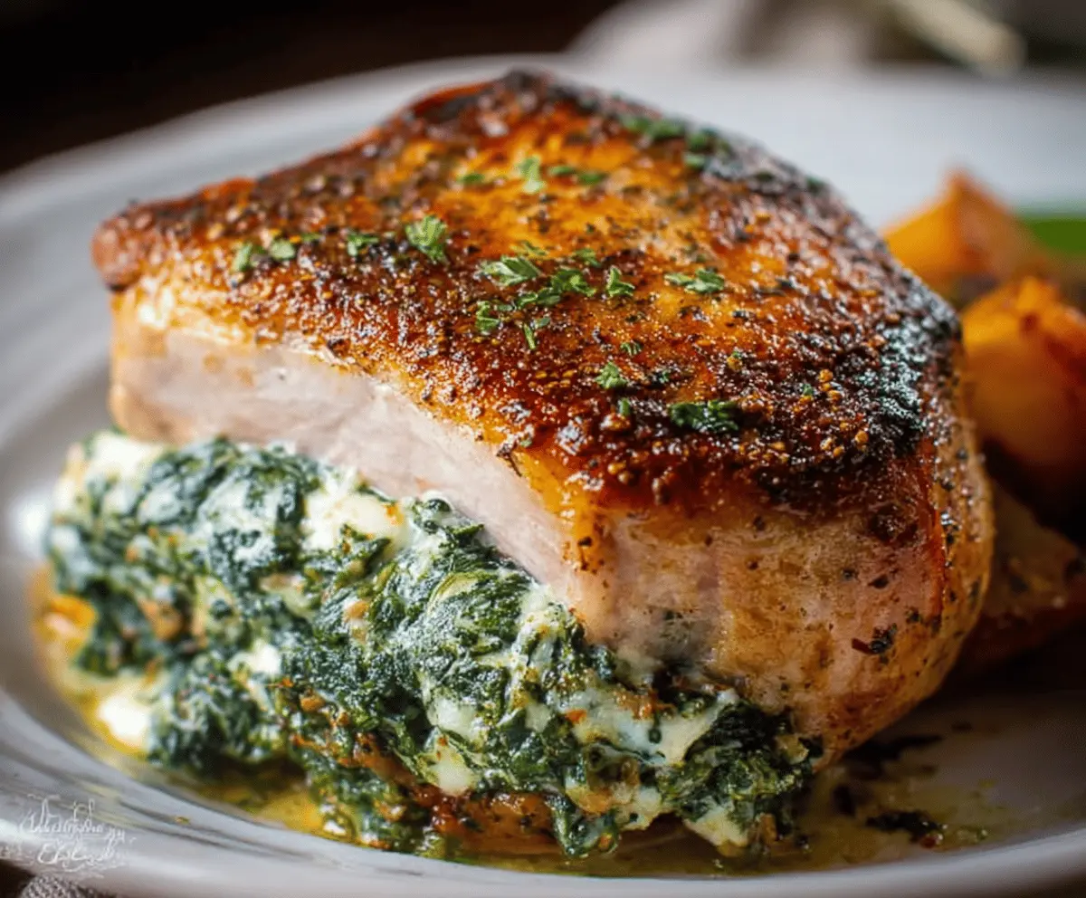 Juicy pork chops stuffed with fresh spinach and melted cheese, served on a plate with a side of vegetables.