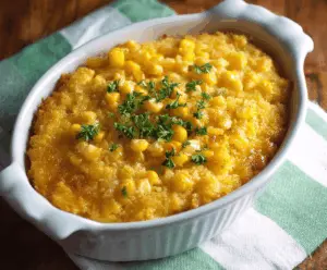 Creamy sweet corn casserole topped with golden melted cheese and crispy breadcrumbs, perfect for a comforting side dish.