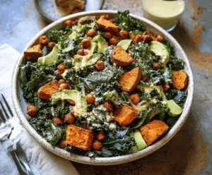 Healthy Sweet Potato Kale Caesar Salad with roasted sweet potatoes, fresh kale, crunchy croutons, and creamy Caesar dressing on a white plate.