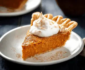 Delicious homemade sweet potato pie topped with whipped cream, ready to serve on a festive dessert plate.
