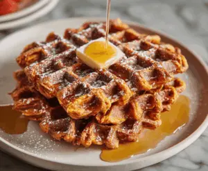 Delicious homemade sweet potato waffles topped with syrup and fresh berries, perfect for a healthy breakfast