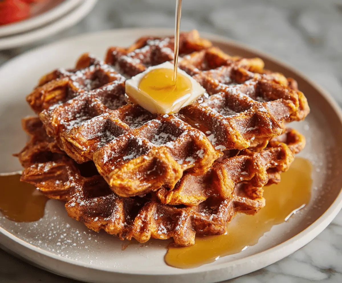 Delicious homemade sweet potato waffles topped with syrup and fresh berries, perfect for a healthy breakfast