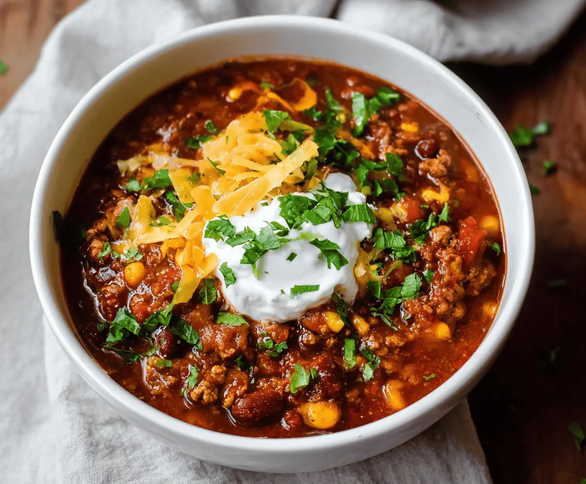 Delicious homemade Taco Chili featuring seasoned ground beef, beans, tomatoes, and melted cheese in a bowl, served with tortilla chips.