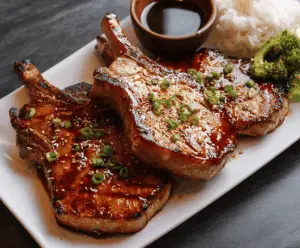 Juicy teriyaki pork chops glazed with shiny, flavorful sauce served with steamed vegetables on a white plate