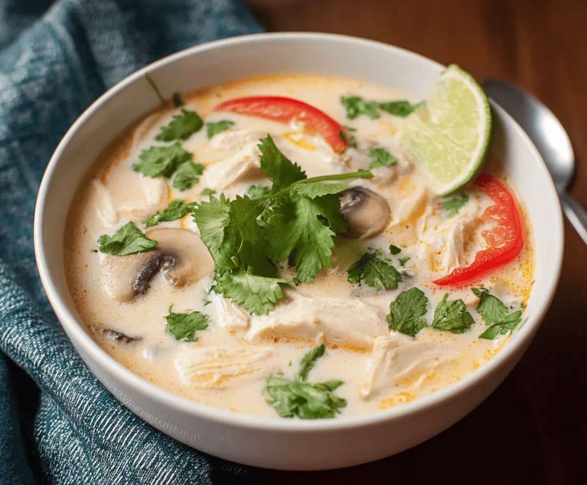 Creamy Thai Coconut Chicken Soup (Tom Kha Gai) with tender chicken, fresh herbs, and aromatic coconut milk in a bowl.