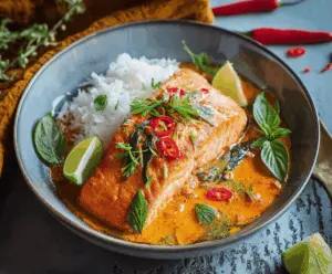 Delicious Thai Red Curry Salmon topped with fresh herbs and served with jasmine rice on a vibrant plate