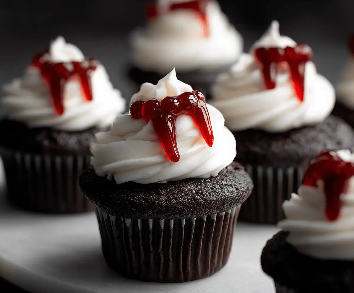 Decorative vampire-themed cupcakes with red frosting, gummy fangs, and spooky purple decorations for a Vampire Bite Cupcakes recipe