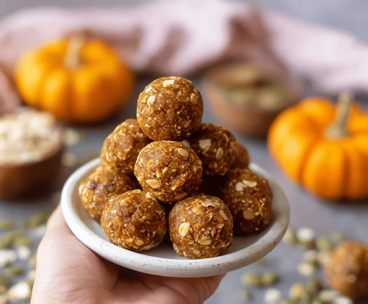 Delicious vegan pumpkin protein balls with chia seeds and cinnamon on a white plate, healthy plant-based snack option