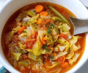 Healthy Weight Watchers Cabbage Soup in a bowl, featuring fresh vegetables and herbs, perfect for a low-calorie, nutritious meal.