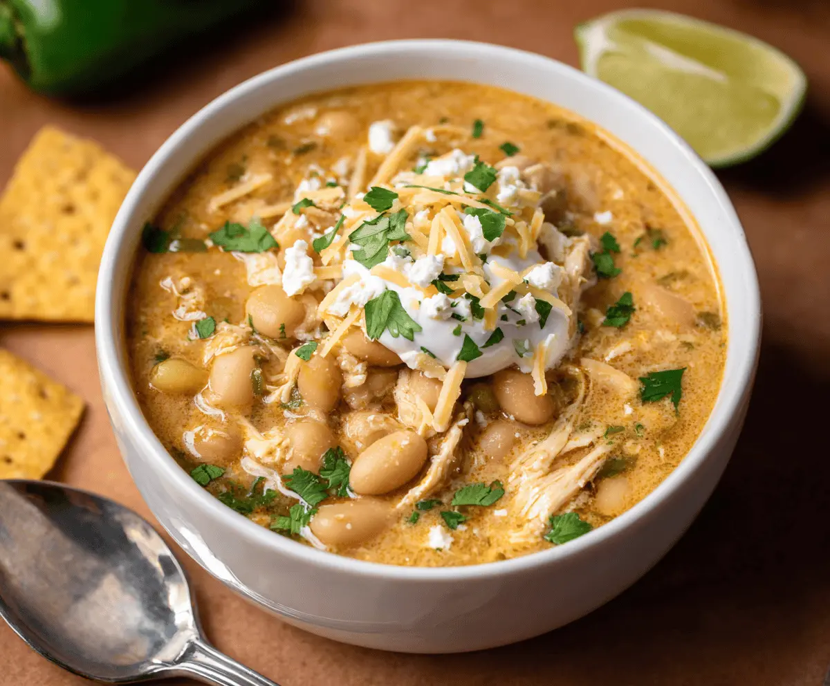 Creamy white chicken chili served in a bowl with shredded chicken, white beans, and fresh cilantro, garnished with a lime wedge