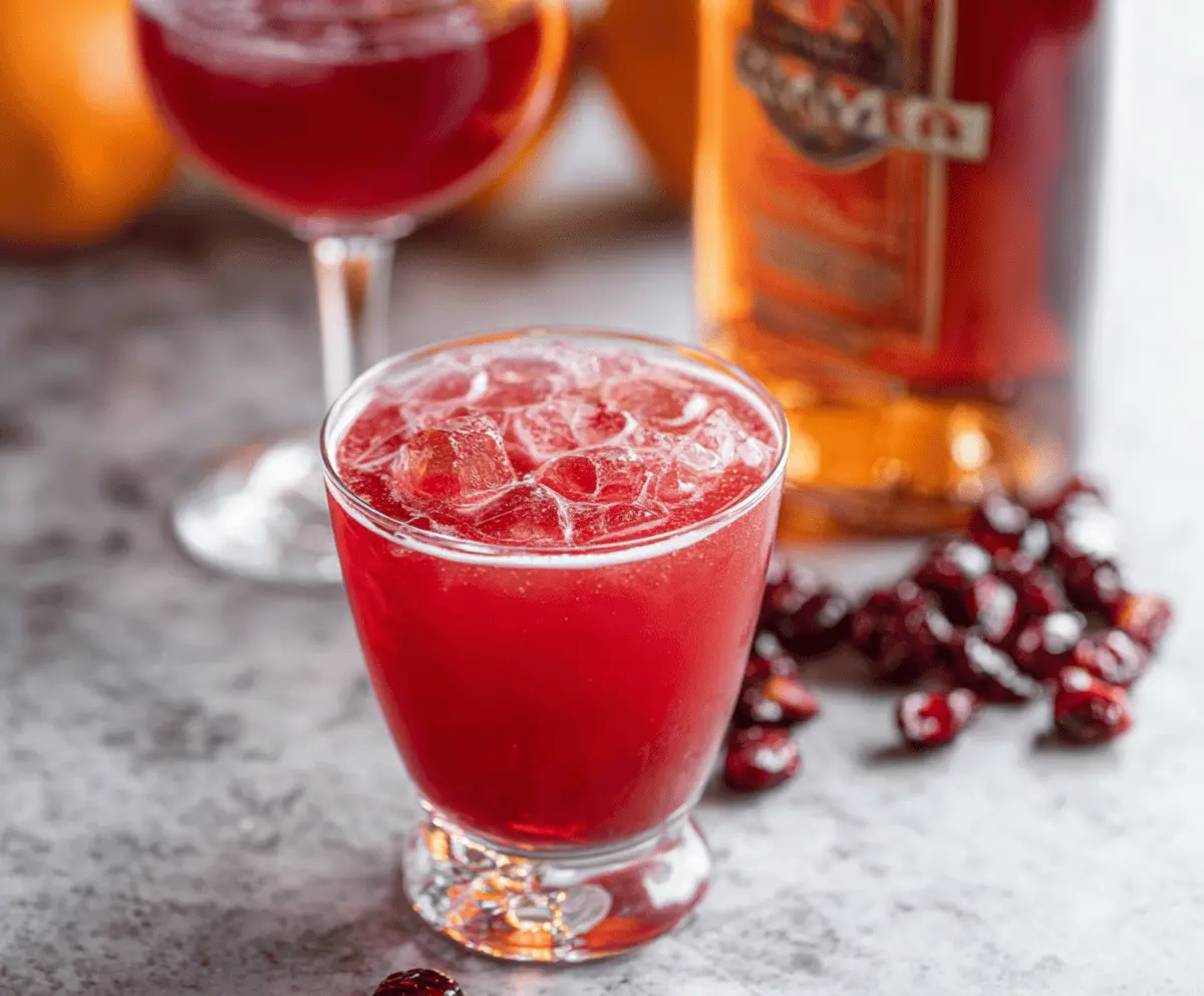 Amaretto Cranberry Kiss Cocktail in a elegant glass with fresh cranberries and a lemon garnish