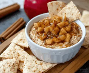 Delicious apple pie dip served with crunchy cinnamon tortilla chips for a sweet treat.