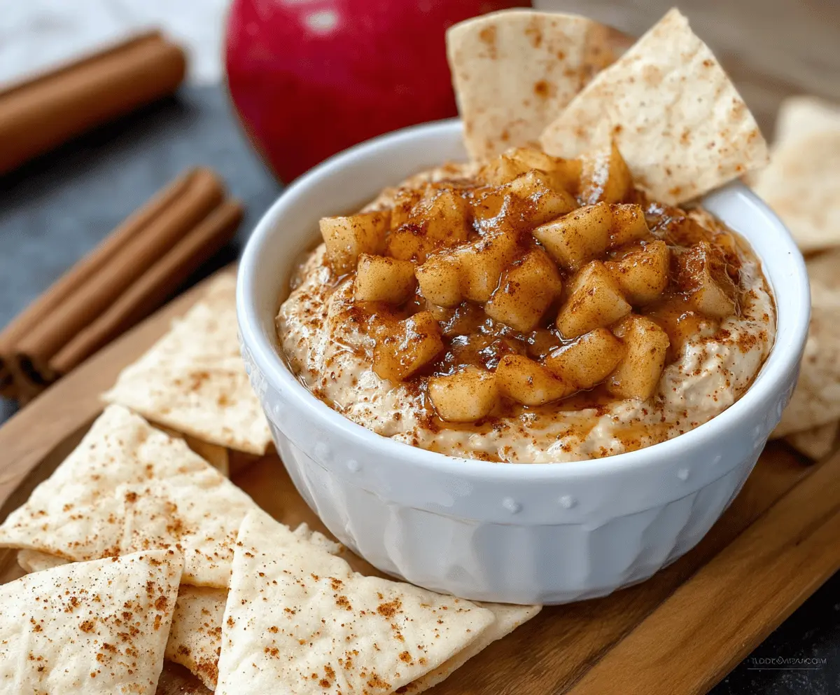 Delicious apple pie dip served with crunchy cinnamon tortilla chips for a sweet treat.